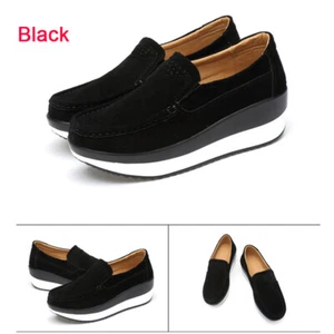 Womens Plus Size Suede Leather Slip on Wedge Comfort Loafers Platform Moccasin - Picture 1 of 17