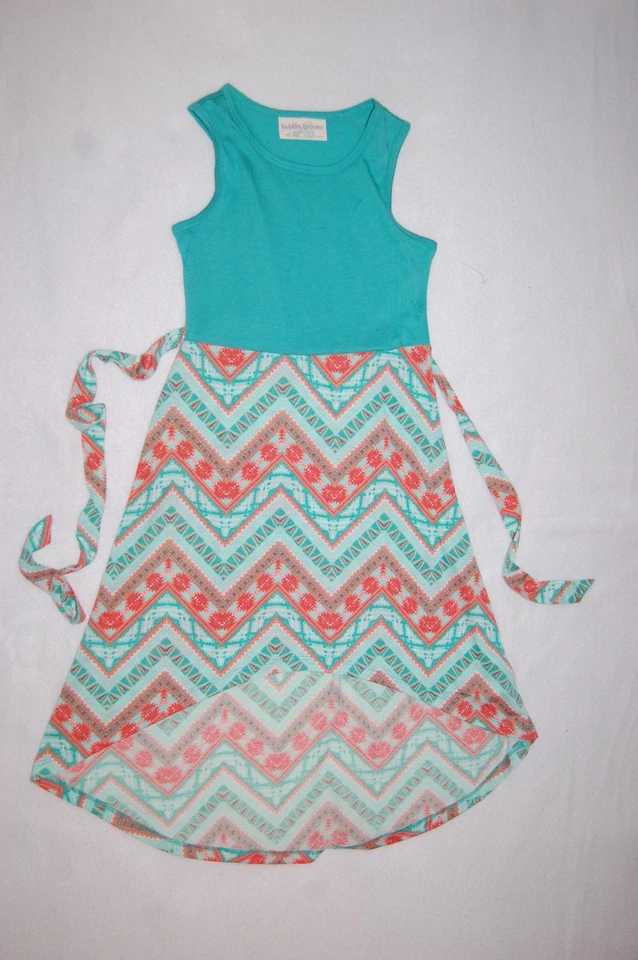 Vestido sin mangas para niñas VERDE AZULADO Y NARANJA TEJIDO ALTO-BAJO abstracto Chevron Zig Zag XS 4-5 Foto 1 de 1
