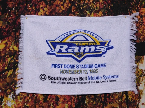FIRST DOME STADIUM GAME RALLY TOWEL FOR ST. LOUIS RAMS '95 INAUGURAL SEASON Cover