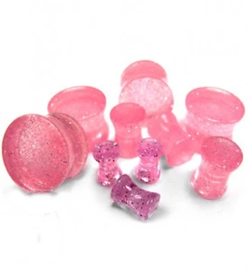 PAIR-Glittered Pink Acrylic Double Flare Ear Plugs 08mm/0 Gauge - Picture 1 of 4