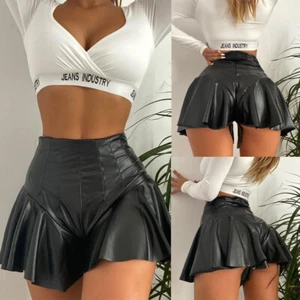 Lady PU Leather A Line Mini Skirt Hip Lifting Ruffles Short Skort Casual Fashion - Picture 1 of 15