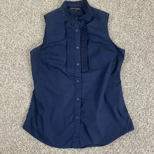 Banana Republic Blouse Sz 2 Navy Blue Sleeveless Tailored Fit Ruffle Button Up - Picture 1 of 10