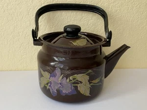 Vintage Enamel Metal Tea Kettle Floral Dark Brown 2.1 qts. 2L Made in USSR 1995 - Picture 1 of 13