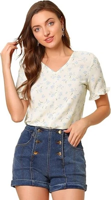 Allegra K Women's Summer Floral Print V Neck Short Sleeve Button Front Blouse To - Image 1 of 3