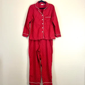 L. L. Bean Womens Flannel Pajama Set Red Polka Dot Cotton Button Up M Petite - Picture 1 of 19
