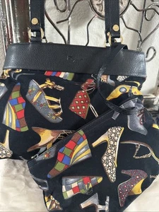Ferragamo Designer Purse Leather Trim Shoe Print W/Accessory Bag Attached 10x12 - Picture 1 of 6
