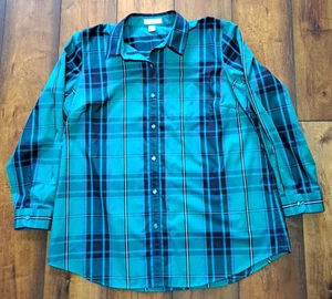 COLDWATER CREEK Women's 1X Green Plaid Blouse Long Sleeve 100% Cotton - Picture 1 of 3