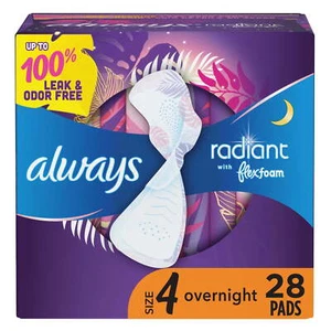 Radiant Feminine Pads with Wings, Size 4, Overnight Absorbency, Scented, 28 CT - Picture 1 of 21
