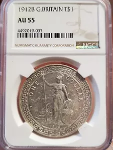 1912 B China Hong Kong UK Great Britain Trade Dollar Silver NGC AU 55 - Picture 1 of 4