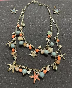 STRANDTHEMA GILD TON CHARM HALSKETTE, MUSCHELN, SEESTERNPFIRSICH AQUA & OHRRINGE - Bild 1 von 2
