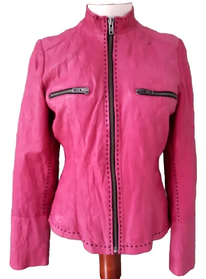 Chaqueta de moto Royal Underground de cuero y seda rosa pequeña usada en excelente estado Foto 1 de 4