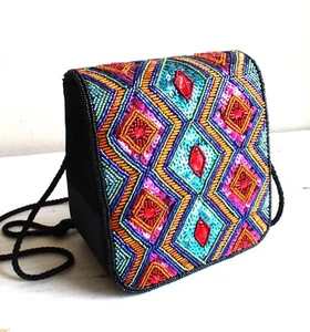 Accessory Lady Beaded Chevron Box Evening Purse Black Satin Rainbow Sequins - Picture 1 of 9