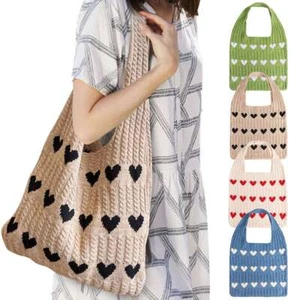 New Womens Large Heart Print Knitted Shoulder ToteBag Crochet Beach Handbag - Picture 1 of 17