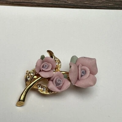 Pink Porcelain Flower Branch Rhinestone Gold Tone Brooch Pin - Image 1 of 4