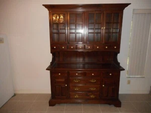 VINTAGE SOLID WOOD HUTCH CABINET  W / DRAWERS & GLASS SHELVES - Picture 1 of 3