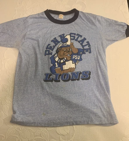 Vintage 70s Penn State Lions t shirt Blue W/ Navy Ring Collar & Sleeves XL Rare Cover
