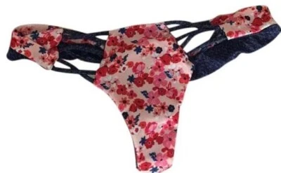 BEACH BUNNY Sittin Bonito Corte Floral Denim Tanga Reversible Bikini Parte Inferior M Foto 1 de 4