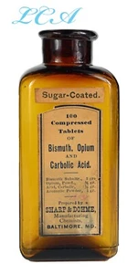 Antike OPIUM TABLETTEN Flasche GEPRÄGT & ETIKETTIERT mundgeblasenes Glas BALTIMORE MARYLAND - Bild 1 von 5