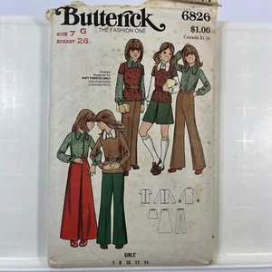 1970's Butterick Girls Shirt Top Skirt Pants 6826 Size 7 VTG Sewing Pattern - Picture 1 of 8