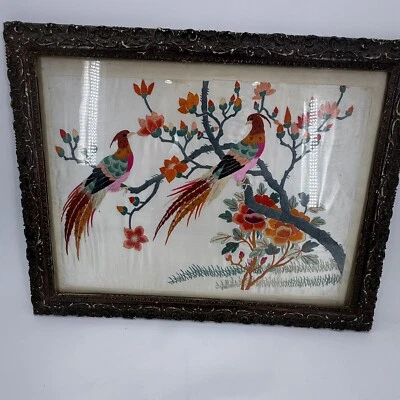 Vintage Chinese Silk Hand Embroidery Framed Textile Panel BIRDS FLOWERS - Image 1 of 4