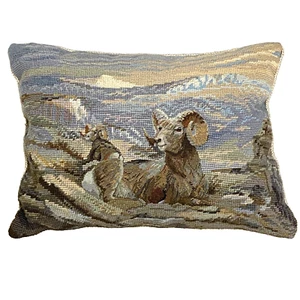 VTG Imperial Elegance Wool Needlepoint Pillow Big Horn Sheep Mountains Nature - Picture 1 of 14