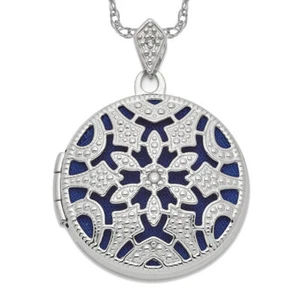 14K Solid White Gold Filigree Diamond Round Photo Locket Necklace - Picture 1 of 24