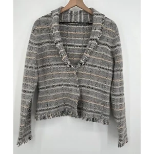 Banana Republic Angora Sweater Blazer Women Medium Gray Stripe Frayed Hem Wool - Picture 1 of 7