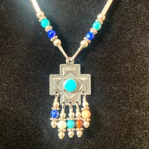 Southwestern flüssiges Sterlingsilber Halskette Kreuz Anhänger Türkis 16" Halsband - Bild 1 von 10