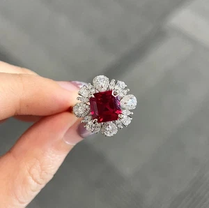 4.70 Ct Asscher Cut Royal Natural Ruby & Diamond Engagement Ring 14k White Gold - Picture 1 of 7