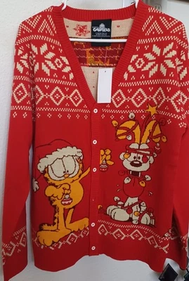Cardigã Garfield Cat & Odie Feio Natal Suéter Botão Vermelho Feriado P Novo com etiquetas - Imagem 1 de 3
