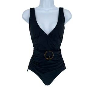 Traditional Gathered Faux Buckle One Piece Swimsuit in Black Size Small - Picture 1 of 4