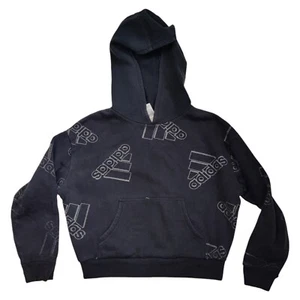 Adidas Kids Pullover Hoodie Sweatshirt Logo Allover Print Size Small (7/8) Black - Picture 1 of 7