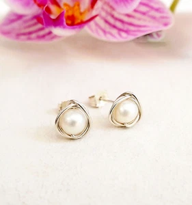 Freshwater Pearl Stud Earrings Sterling Silver Handmade Wedding, Birthstone Gift - Picture 1 of 2