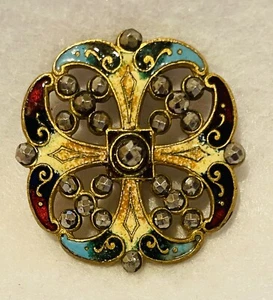 GORGEOUS ANTIQUE ONE-PIECE BRASS W/AN ENAMEL PAINTED DESIGN & CUT STEELS 1-5/16” - Picture 1 of 3