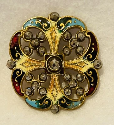 GORGEOUS ANTIQUE ONE-PIECE BRASS W/AN ENAMEL PAINTED DESIGN & CUT STEELS 1-5/16” - Image 1 of 3