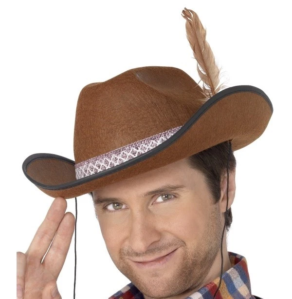 Vaquero De Lujo Vestido Elegante Dallas Sombrero y Pluma Marrón Sombrero Duradero por Smiffys Foto 1 de 1