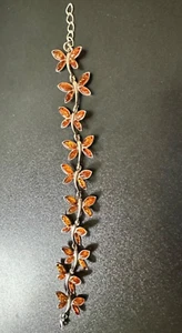 925 Solid Sterling Silver Link Bracelet Amber Butterfly  8" Long 3/4" width - Picture 1 of 11
