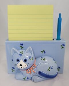 Vintage Otagiri blau Blumenmuster Katze Kätzchen Papier Brief Stift Halter Keramik Vase