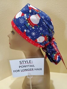 Sparkle Santa (blue) Christmas Women's Ponytail Surgical Scrub Hat/Cap Handmade - Picture 1 of 9