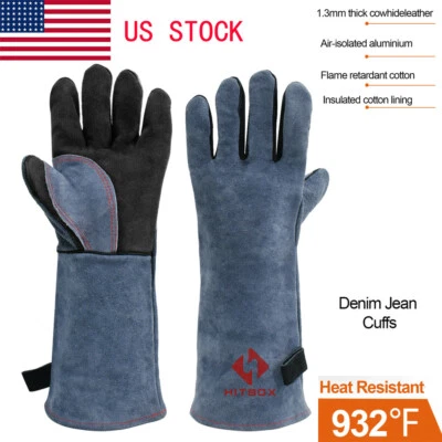 HITBOX 16" Welding Gloves Heat Fire Resistant Grill Leather Work Glove BBQ Blacksmith