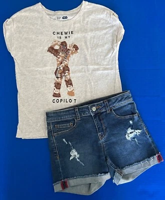 Gap Kids Girls 10 Star Wars Chewie Sequin Graphic Tee Denim Midi Short WORN ONCE - Image 1 of 4