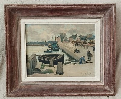 Ancien Tableau Peinture Huile Panneau René Leforestier Port De Pêche Bretagne - Photo 1/4