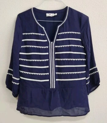 Blusa túnica mujer Vineyard Vines azul marino a rayas cuello en V manga 3/4 seda talla 8 Foto 1 de 4