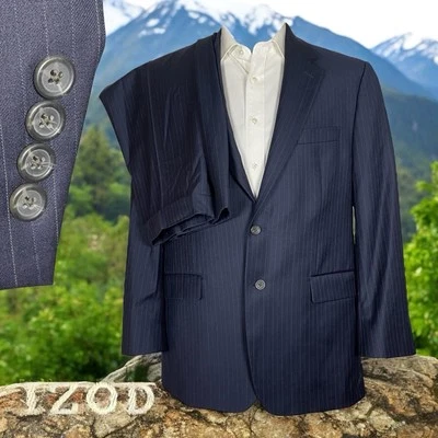 Izod 2 Piece Suit Mens 42R 38x31 Navy Blue Striped Wool Two Buttons - Image 1 of 4