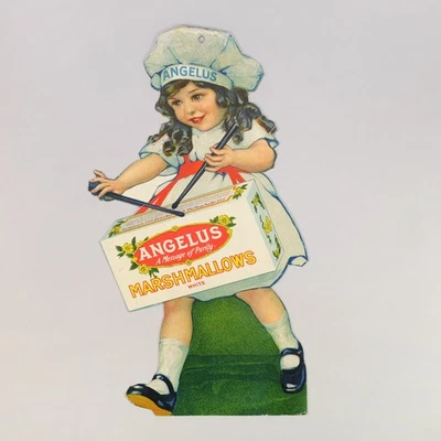 1930s Angelus Marshmallows Cracker Jack Advertising Cardboard Die-Cut Store Sign - Image 1 of 2
