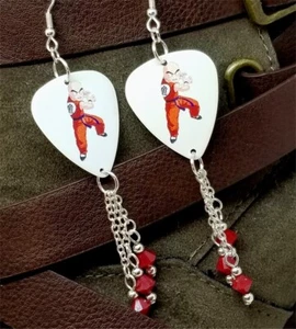 Dragon Ball Z Krillin Guitar Pick Earrings with Red Swarovski Crystal Dangles - Picture 1 of 4