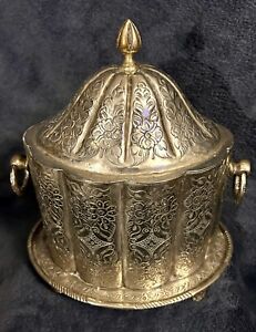 Signed 19th Century Moroccan Silver Plated Footed Tea Caddy Hinged Lid
