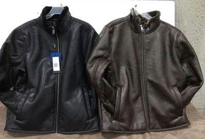 NEW Andrew Marc New York Black Brown Faux Leather Fur Lined Men's Bomber Jacket  - Image 1 of 4