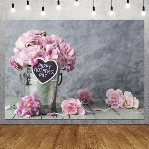 Happy Mother'S Day Backdrop Pink Carnation Gray Abstract Wood Background Thanks - Picture 1 of 7
