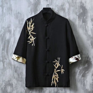Men Bamboo Embroidery T Shirt Jacket Chinese Asian Kung Fu Tai Chi Tang Suit Top - Picture 1 of 19